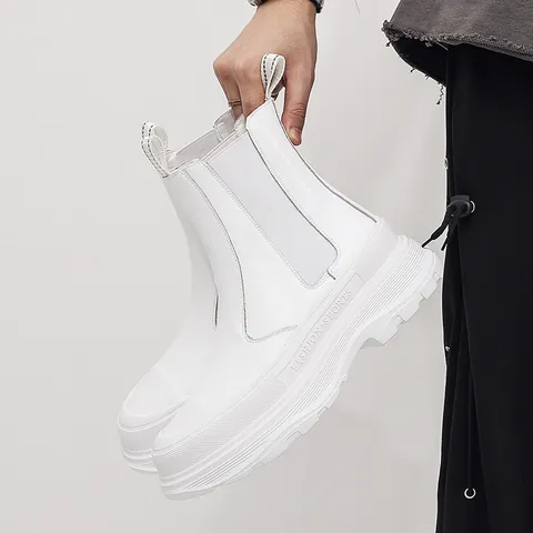 Men Fashion Cowhide Chelsea Boots Platform Thick Sole Leather Boots Breathable Trendy Casual Ankle Boots Autumn Winter