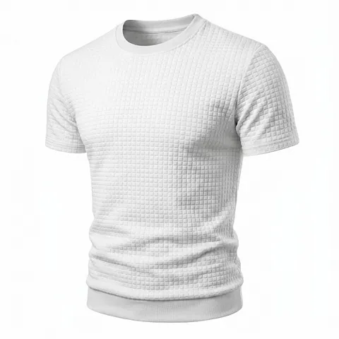 Herren Vintage Casual Rundhals Kurzarm T-Shirt Polyester Jacquard Kariert Waffeltextur Old Money Style Top