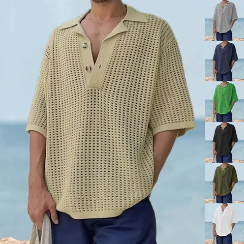 Men's Casual Hollow Out Knit Polo Shirt Summer Short Sleeve Loose Lapel Knitwear Top