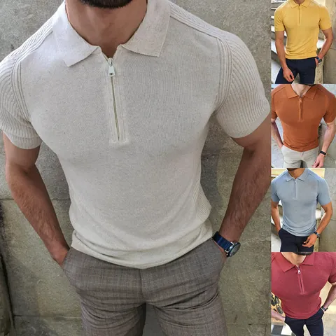 Polo in Maglia da Uomo Slim Fit Manica Corta Cerniera Anteriore Top in Maglia di Poliestere Casual Traspirante Moda Estiva Abbigliamento Uomo