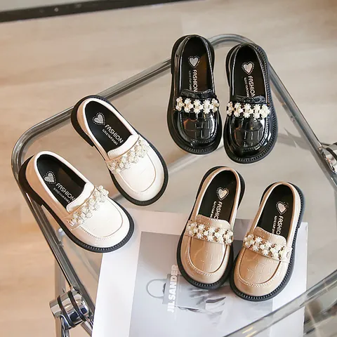 Girls Pearl Princess Shoes PU Leather Croc Pattern Soft Sole Casual Mary Janes Loafers For Little Kids Party Single Shoes
