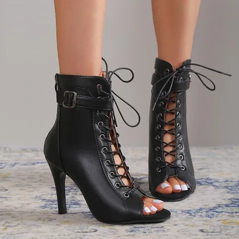 Women Top Layer Cowhide Roman High Heel Sandals Open Toe Lace Up Stiletto Sandal Boots Fashion Party Evening Dress Shoes