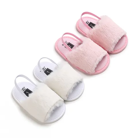 Faux Fur Baby Girls Sandals Soft Sole Anti-Slip Infant First Walkers Shoes Summer Fluffy Toddler Prewalker With Elastic Strap