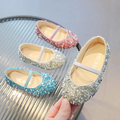 Girls Rhinestone Princess Shoes Sparkling Mary Jane Flats For Student Performance Dance Party Kids Glitter Dress Shoes