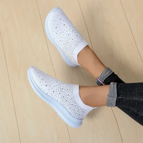 Zapatos de Correr para Mujer Casuales Transpirables con Strass Tallas Grandes Flyknit Mesh Sneakers de Moda Cómodos Zapatos para Caminar Slip-on