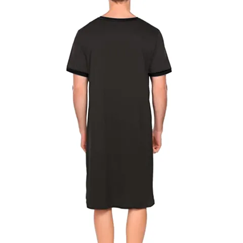 Men's Casual Short Sleeve V-Neck Nightgown Loose Breathable Polyester Sleepshirt Home Wear Long T-Shirt Sleepwear Nightshirt