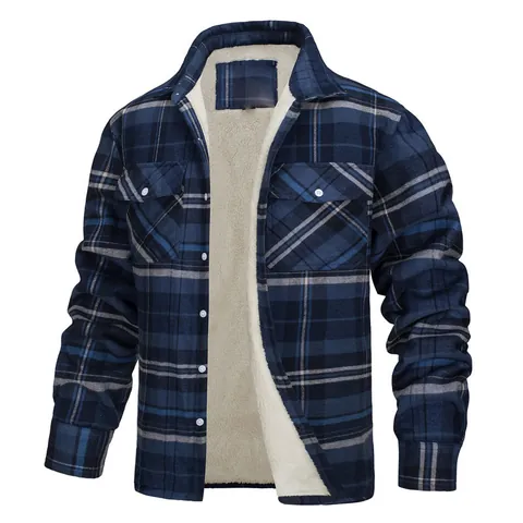 Men Casual Plaid Jacket With Fleece Lining Single-Breasted Lapel Long Sleeve Loose Outerwear For Autumn Winter