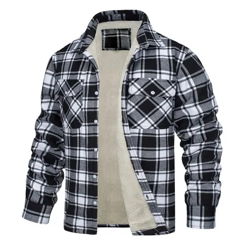 Men's Casual Fleece Lined Plaid Jacket Shirt Lapel Single Breasted Flannel Checkered Outerwear Winter Warm Coat