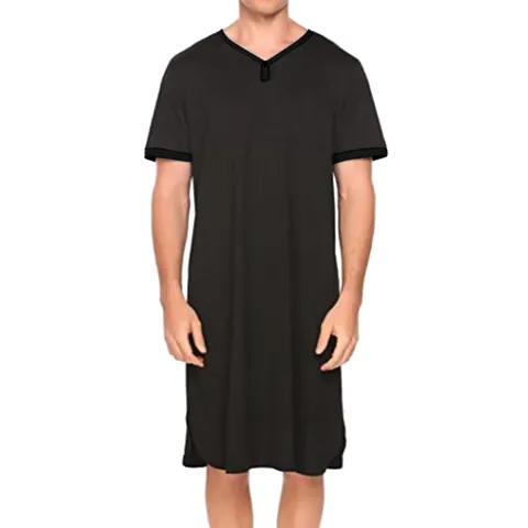 Men's Casual Short Sleeve V-Neck Nightgown Loose Breathable Polyester Sleepshirt Home Wear Long T-Shirt Sleepwear Nightshirt