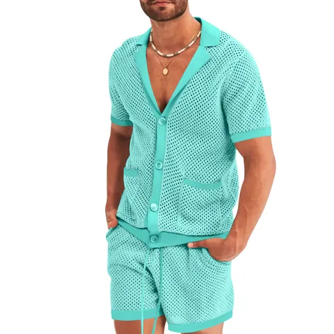 Heren Zomer Casual Mesh 2-delige Set Ademend Revers Korte Mouw Shirt En Shorts Met Trekkoord Outfits Vakantie Kleding
