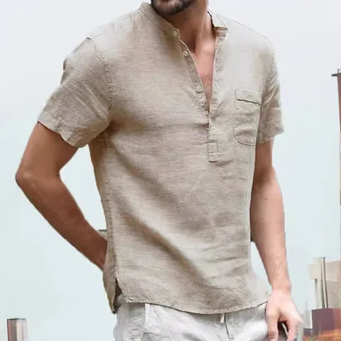 Men Japanese Cargo Cotton Linen Blend Polo Shirt Loose Fit Half Open Collar Short Sleeve Henley Top Casual Vintage Streetwear