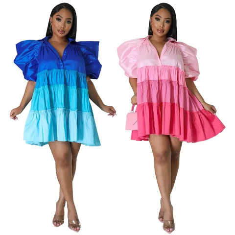 Women V Neck Color Block Satin Tiered Mini Dress Puff Sleeve A Line Patchwork Dress Elegant Sexy Party Short Summer Dress