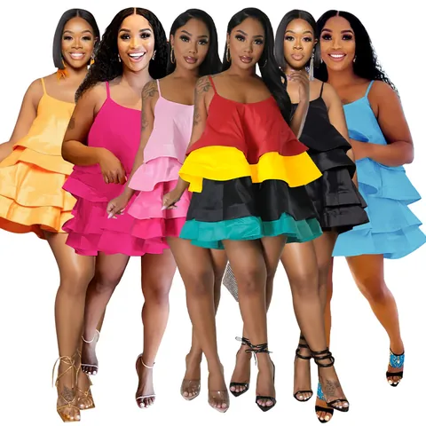 Women U-Neck Spaghetti Strap Tiered Ruffle Puff Dress Polyester Satin Mini Dress Sexy Solid Color Party Fashion Apparel