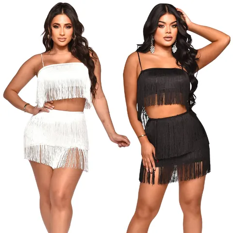 Sexy Fringe Two Piece Skirt Set For Women Spaghetti Strap Crop Top And Bodycon Mini Skirt Set Nightclub Summer Outfits