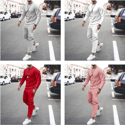Men's Casual Sports Set Round Neck Long Sleeve Sweatshirt And Drawstring Jogger Pants Top And Bottom Two Piece Outfits Sportswear
