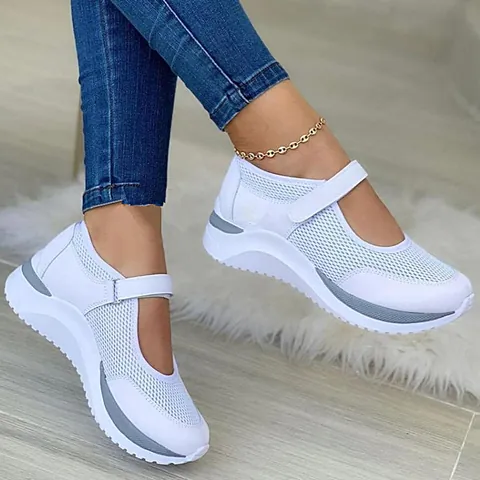 Women Casual Canvas Mesh Knit Mary Jane Sneakers Breathable Velcro Platform Walking Shoes Round Toe Comfortable Outdoor Ladies Footwear