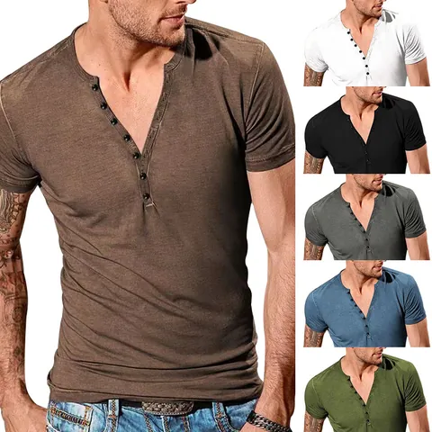 Heren Casual Henley Kraag T-Shirt Korte Mouw Slim Fit Muscle Gym Top Gekamd Katoen Jacquard Effen Kleur Shirt