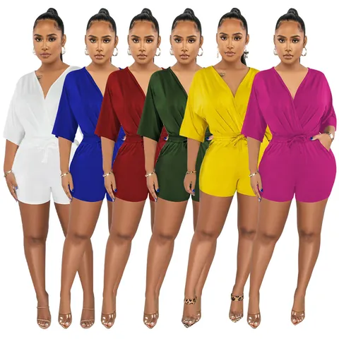 Polyester V Neck Drawstring Waist Solid Color Romper Casual Short Jumpsuit With Pockets Fashion Women Top And Bottom