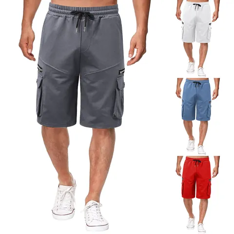 Men Casual Cargo Shorts Loose Fit Cotton Blend Multi-Pocket Summer Half Pants Solid Color Drawstring Waist Shorts For Outdoor
