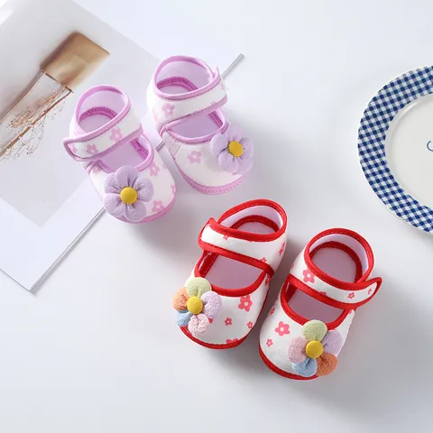 Scarpe da Principessa a Suola Morbida per Neonata Scarpe Primi Passi con Stampa Floreale e Fiore in Tessuto 3D per 0-1 Anno