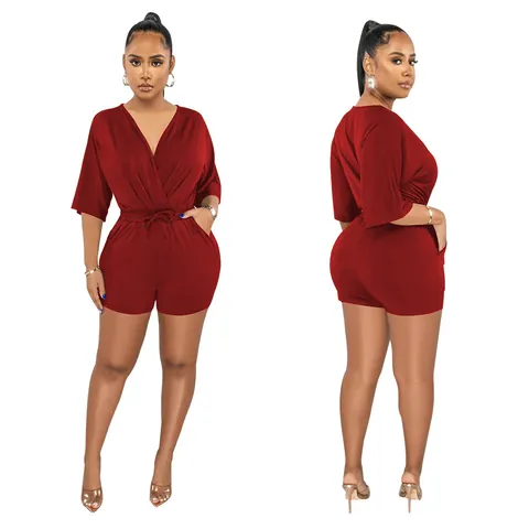 Polyester V Neck Drawstring Waist Solid Color Romper Casual Short Jumpsuit With Pockets Fashion Women Top And Bottom