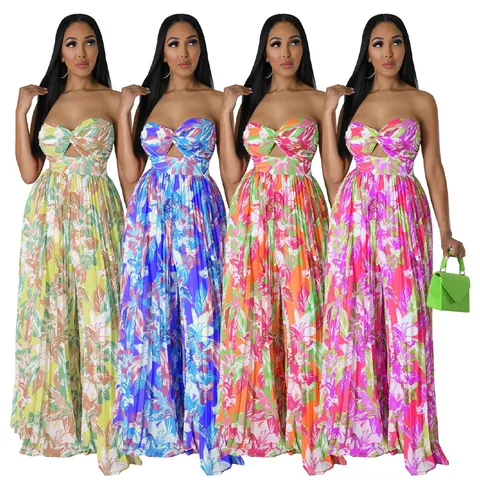Damen Sexy Rückenfrei Blumendruck Weites Bein Jumpsuit Tropisch Ausschnitt Trägerlos Ärmellos Lange Hose Strand Urlaub Overall
