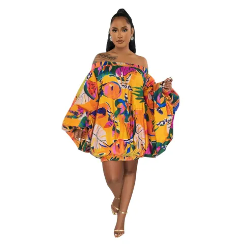 Vestido Mini para Mujer con Hombros Descubiertos y Mangas Murciélago Estampado Tropical Geométrico Verano Vacaciones Playa Fiesta Vestido Corto Casual