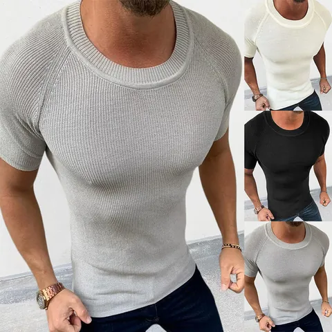 Heren Slim Fit Gebreid Shirt Met Korte Mouwen Casual Geribbeld Ronde Hals Muscle Pullover Acryl Top