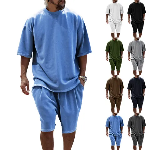 Men Casual Sports Set Oversized Polyester Cotton Blend French Terry T-Shirt And Shorts Top And Bottom 2 Piece Outfits Summer Streetwear