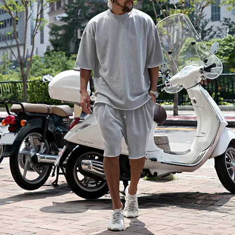 Men Casual Sports Set Oversized Polyester Cotton Blend French Terry T-Shirt And Shorts Top And Bottom 2 Piece Outfits Summer Streetwear