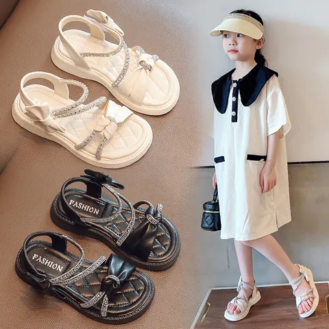 Girls Rhinestone Bow Sandals Princess Style Summer Beach Shoes Soft Sole Non-Slip Open Toe Hook And Loop Sandals For Toddlers