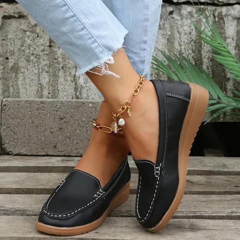 Dames Casual Microvezel Leer Loafers Zachte Platte Zool Handgestikt Ademend Slip-On Mocassins Dagelijks Effen Kleur Schoenen
