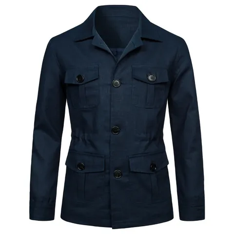 Men Vintage Linen Multi-Pocket Workwear Jacket British Style Casual Lapel Top Single Breasted Work Safari Outerwear Jacket