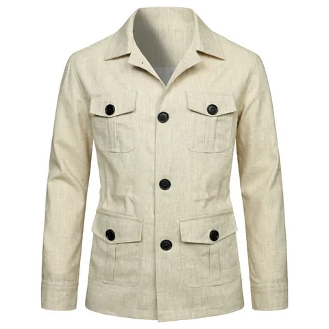Men Vintage Linen Multi-Pocket Workwear Jacket British Style Casual Lapel Top Single Breasted Work Safari Outerwear Jacket