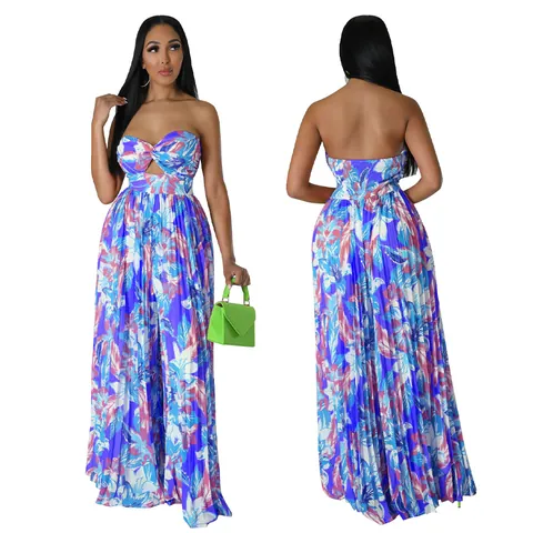 Damen Sexy Rückenfrei Blumendruck Weites Bein Jumpsuit Tropisch Ausschnitt Trägerlos Ärmellos Lange Hose Strand Urlaub Overall