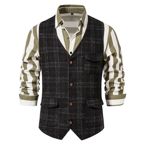 Heren Britse Vintage Tweed Plaid Vest Katoen V-hals Enkele Rij Knopen Casual Business Pak Vest Top