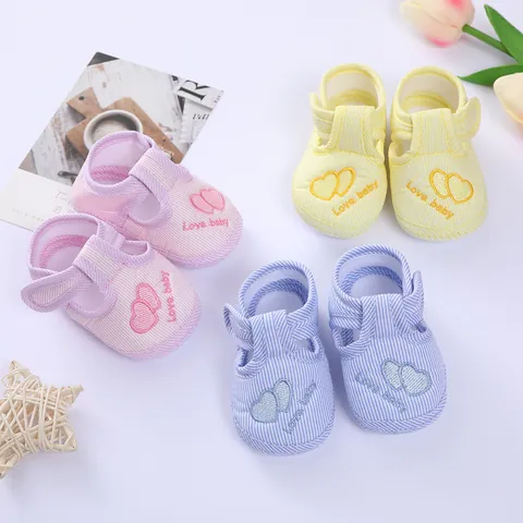 Striped Baby First Walker Shoes Soft Sole Infant Toddler Heart Embroidered Hook Loop Casual Pre-Walking Shoes Boys Girls