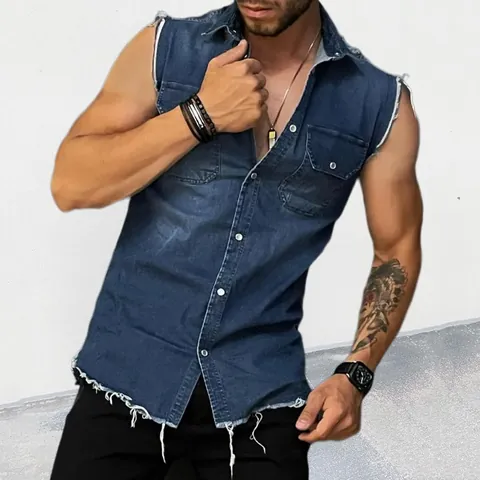 Men's Casual Frayed Denim Vest Washed Sleeveless Muscle Tank Top Lapel Single Breasted Distressed Slim Fit Waistcoat