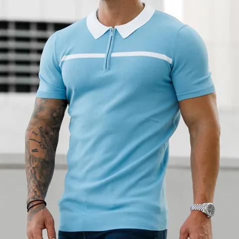 Men's Slim Fit Polyester Polo Shirt Color Block Knitted Top Quarter Zipper Short Sleeve Casual Urban Fashion Apparel