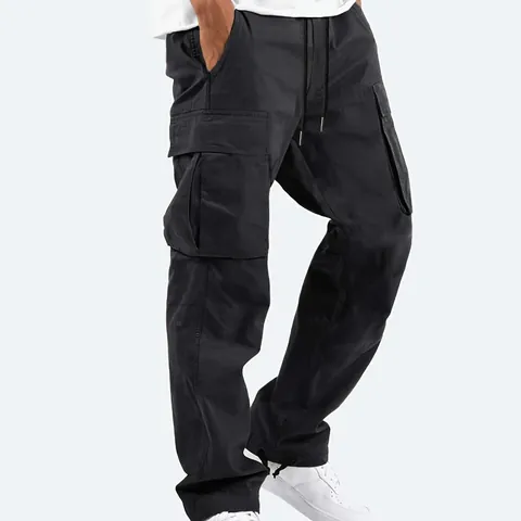 Men's Casual Cargo Pants Solid Color Multi-pocket Cotton Blend Straight Leg Drawstring Outdoor Loose Fashion Trousers