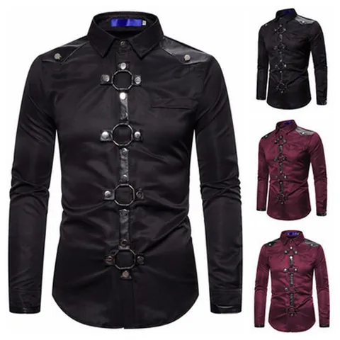 Camicia da Uomo Gothic Punk a Manica Lunga Estetica Oscura Anelli di Metallo Borchie Patch in Pelle Slim Fit per Performance