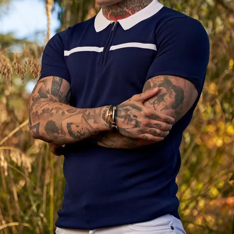 Men's Slim Fit Polyester Polo Shirt Color Block Knitted Top Quarter Zipper Short Sleeve Casual Urban Fashion Apparel