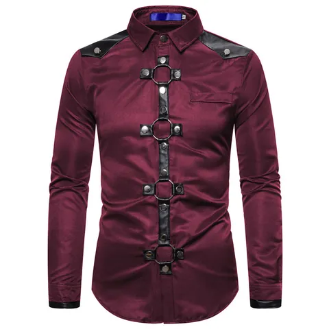 Camicia da Uomo Gothic Punk a Manica Lunga Estetica Oscura Anelli di Metallo Borchie Patch in Pelle Slim Fit per Performance