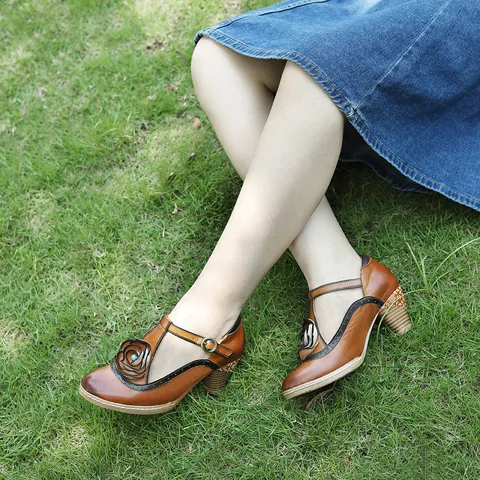 Vintage Handgeborstelde Schapenvacht Mary Jane Schoenen Vrouwen Handgemaakte Leren Bloem T-Strap Blokhak Pumps