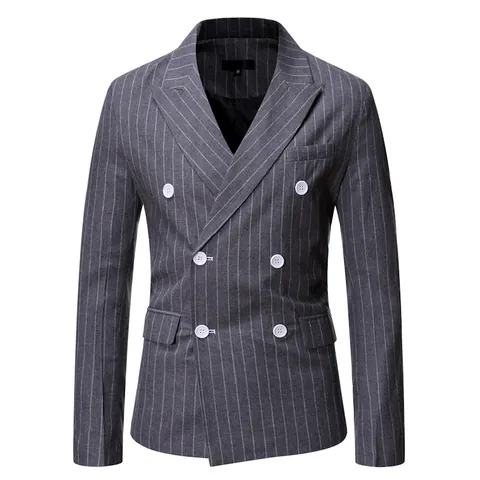 Men's British Style Pinstripe Blazer Double Breasted Peak Lapel Suit Jacket Casual Business Slim Fit Cotton Blend Top