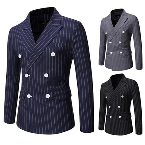 Men's British Style Pinstripe Blazer Double Breasted Peak Lapel Suit Jacket Casual Business Slim Fit Cotton Blend Top