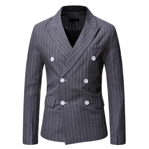 Men's British Style Pinstripe Blazer Double Breasted Peak Lapel Suit Jacket Casual Business Slim Fit Cotton Blend Top