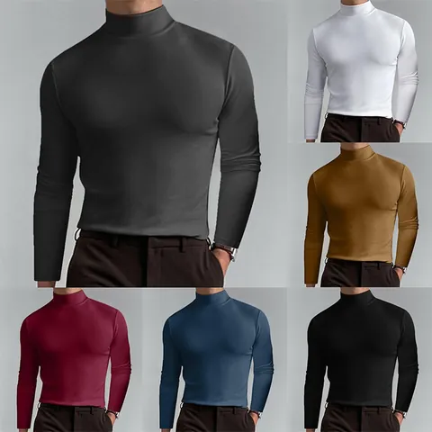 Men's High Neck Long Sleeve T-Shirt Solid Color Slim Fit Base Layer Top Casual Pullover Milk Silk Polyester Undershirt For Men