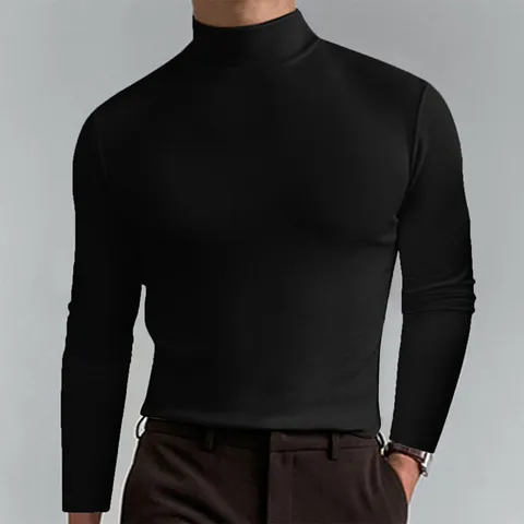 Men's High Neck Long Sleeve T-Shirt Solid Color Slim Fit Base Layer Top Casual Pullover Milk Silk Polyester Undershirt For Men