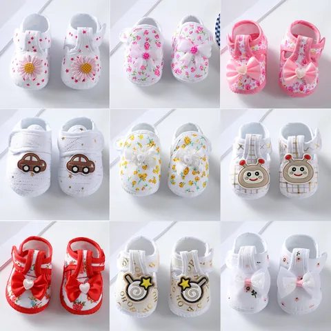 Newborn Infant Soft Sole Canvas Shoes Cute Cartoon Floral First Walkers Breathable Anti-slip Baby Shoes With Bowknot Decoration
